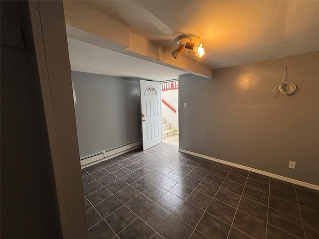 92 Norfeld Blvd, Elmont, NY 11003 - spare room featuring a baseboard radiator, dark tile patterned floors, and stairs