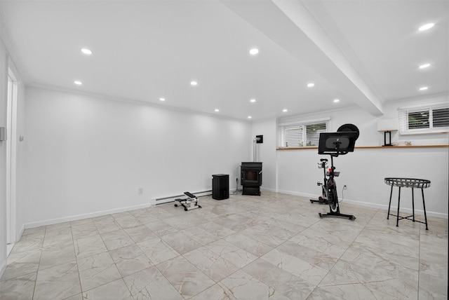 12 Valley Ln, Garrison, NY 10524 - workout area featuring a wood stove, marble finish flooring, recessed lighting, and a baseboard radiator