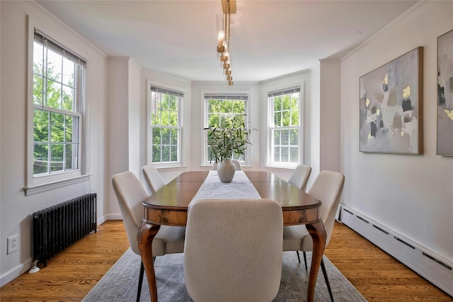 10 Cross St, Port Washington, NY 11050 - dining space with radiator, a baseboard radiator, wood finished floors, and ornamental molding