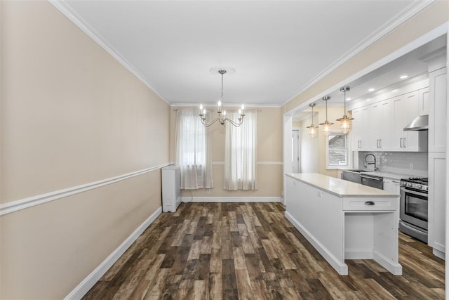 6739 Cooper Ave, Glendale, NY 11385 - kitchen with stainless steel appliances, under cabinet range hood, a chandelier, white cabinetry, and light countertops