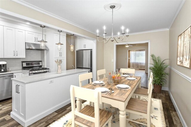 6739 Cooper Ave, Glendale, NY 11385 - dining space with a chandelier, wood finished floors, and crown molding