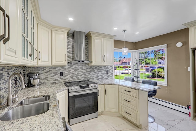 50 Apollo Ln, Hicksville, NY 11801 - kitchen with stainless steel electric stove, wall chimney exhaust hood, cream cabinets, and recessed lighting