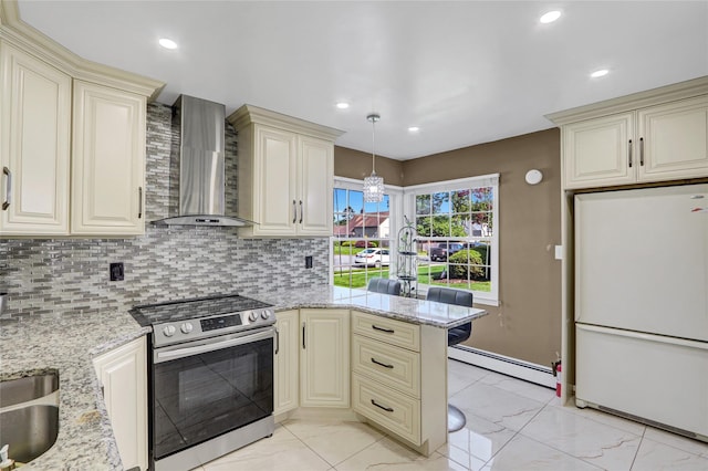 50 Apollo Ln, Hicksville, NY 11801 - kitchen featuring cream cabinets, stainless steel electric range, freestanding refrigerator, wall chimney exhaust hood, and recessed lighting
