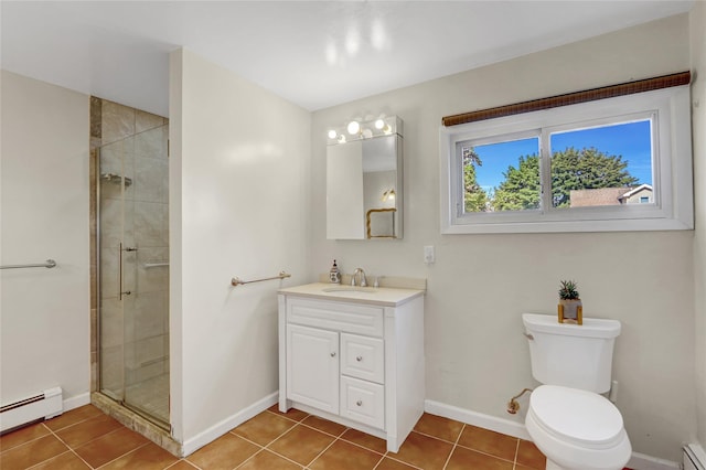 50 Apollo Ln, Hicksville, NY 11801 - full bath with a baseboard heating unit, vanity, a stall shower, and tile patterned flooring