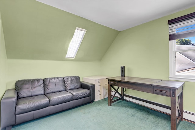 50 Apollo Ln, Hicksville, NY 11801 - office area featuring carpet floors, a skylight, vaulted ceiling, and a baseboard radiator