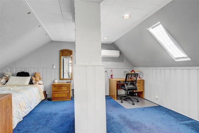 50 Apollo Ln, Hicksville, NY 11801 - bedroom featuring carpet floors, a wall unit AC, lofted ceiling, a desk, and a skylight