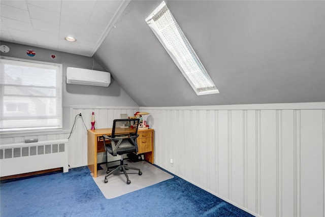 50 Apollo Ln, Hicksville, NY 11801 - carpeted office with radiator heating unit, a wall unit AC, a skylight, and vaulted ceiling