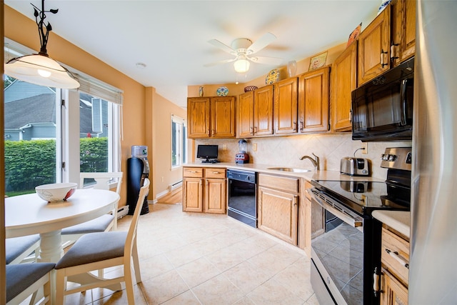 125 Fairways Cres, Carmel, NY 10512 - kitchen featuring black appliances, light countertops, backsplash, light tile patterned floors, and ceiling fan