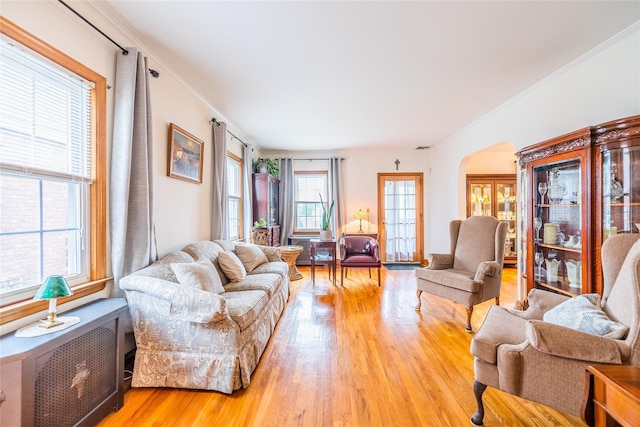 5023 213th St, Bayside, NY 11364 - living room featuring plenty of natural light, light wood-style floors, arched walkways, and crown molding