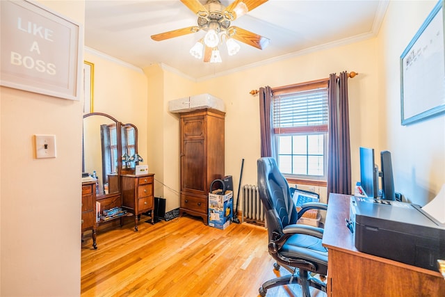 5023 213th St, Bayside, NY 11364 - home office featuring light wood-style floors, a ceiling fan, crown molding, and radiator