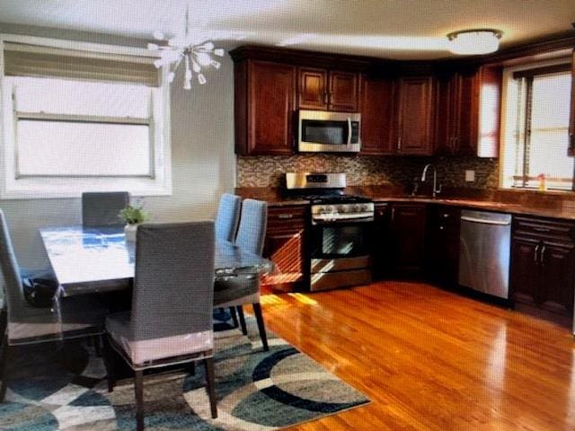 249-29 64th Ave Unit 2, Little Neck, NY 11362 - kitchen with appliances with stainless steel finishes, a chandelier, light wood finished floors, and dark countertops