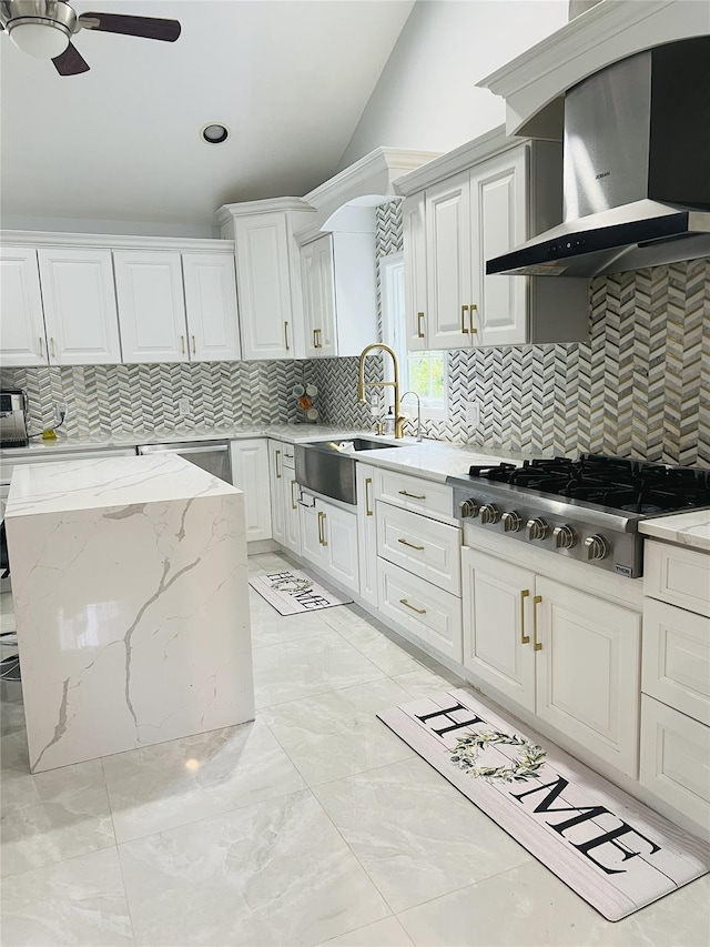 18 Sherwood Ln, Roslyn Heights, NY 11577 - kitchen featuring stainless steel gas cooktop, wall chimney range hood, decorative backsplash, white cabinetry, and recessed lighting