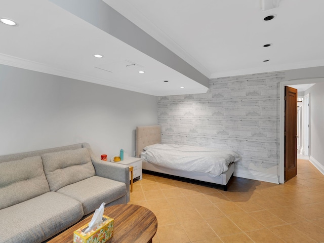 18 Sherwood Ln, Roslyn Heights, NY 11577 - bedroom with recessed lighting, an accent wall, crown molding, and wallpapered walls