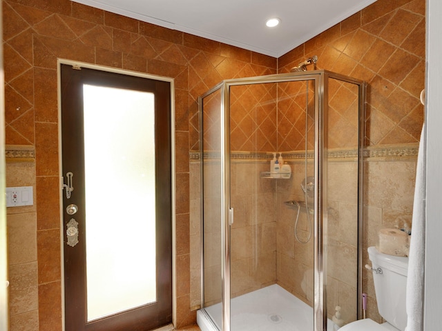 18 Sherwood Ln, Roslyn Heights, NY 11577 - bathroom featuring a shower stall, crown molding, and recessed lighting