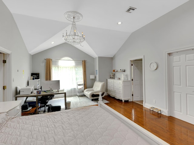 18 Sherwood Ln, Roslyn Heights, NY 11577 - bedroom with a chandelier, wood finished floors, lofted ceiling, and recessed lighting