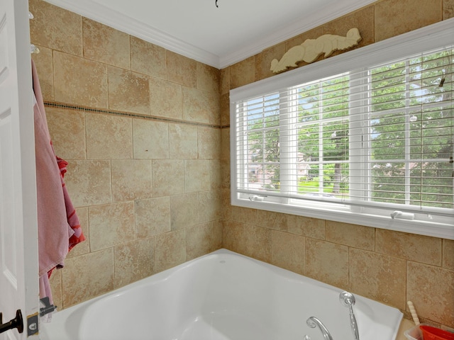 18 Sherwood Ln, Roslyn Heights, NY 11577 - bathroom with a jetted tub and ornamental molding