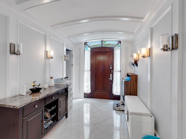 18 Sherwood Ln, Roslyn Heights, NY 11577 - entrance foyer with light marble finish floors and beamed ceiling