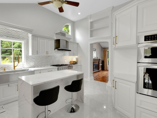 18 Sherwood Ln, Roslyn Heights, NY 11577 - kitchen featuring appliances with stainless steel finishes, ceiling fan, arched walkways, plenty of natural light, and high vaulted ceiling
