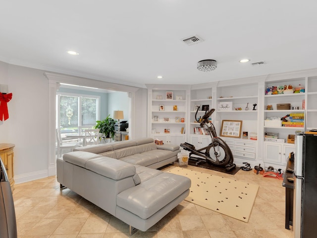 18 Sherwood Ln, Roslyn Heights, NY 11577 - living area featuring recessed lighting, built in shelves, light tile patterned floors, and ornamental molding