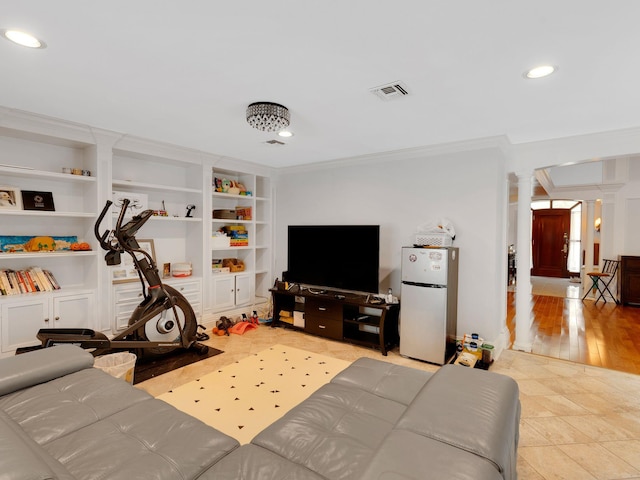 18 Sherwood Ln, Roslyn Heights, NY 11577 - living area with ornamental molding, ornate columns, recessed lighting, and built in shelves