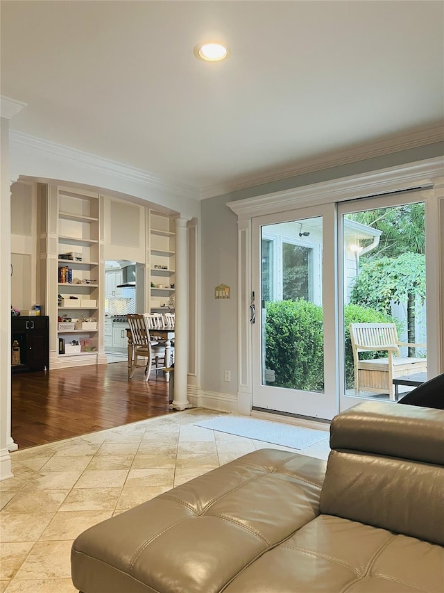 18 Sherwood Ln, Roslyn Heights, NY 11577 - tiled living room featuring ornamental molding and built in shelves
