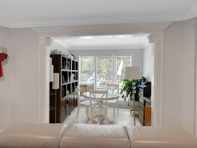 18 Sherwood Ln, Roslyn Heights, NY 11577 - living area with ornamental molding and light tile patterned floors