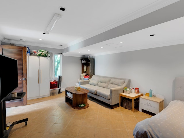 18 Sherwood Ln, Roslyn Heights, NY 11577 - living room featuring ornamental molding and recessed lighting