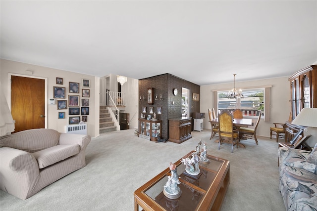 17 Damin Dr S, Farmingdale, NY 11735 - living area featuring a chandelier, light carpet, stairway, and radiator