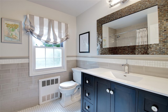 30 Prescott St, Garden City, NY 11530 - bathroom with radiator heating unit, tile walls, vanity, a shower with shower curtain, and a wainscoted wall
