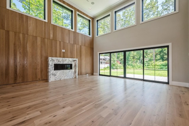 352 Cold Spring Rd, Syosset, NY 11791 - unfurnished living room with a towering ceiling, a high end fireplace, light wood-type flooring, and crown molding