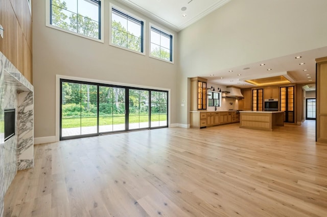 352 Cold Spring Rd, Syosset, NY 11791 - unfurnished living room with a premium fireplace, crown molding, a high ceiling, light wood-type flooring, and recessed lighting
