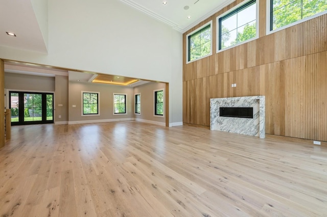 352 Cold Spring Rd, Syosset, NY 11791 - unfurnished living room with crown molding, a high ceiling, light wood-type flooring, plenty of natural light, and a fireplace