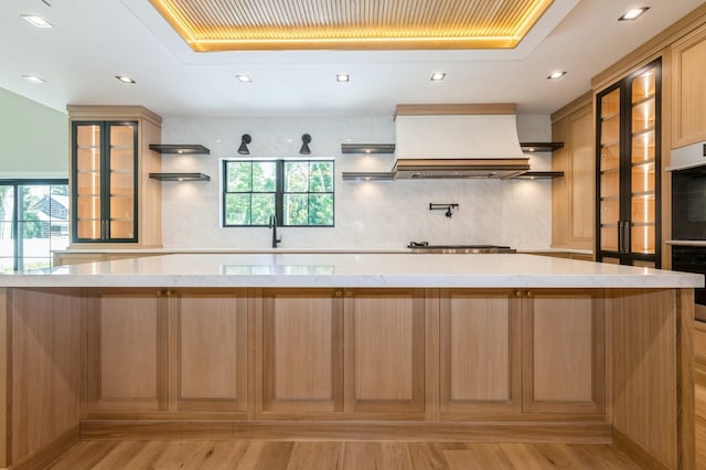352 Cold Spring Rd, Syosset, NY 11791 - kitchen featuring premium range hood, a raised ceiling, open shelves, plenty of natural light, and recessed lighting
