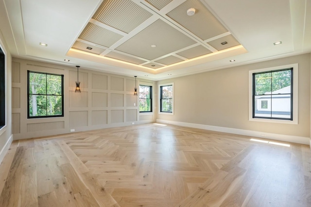 352 Cold Spring Rd, Syosset, NY 11791 - empty room featuring plenty of natural light, coffered ceiling, a decorative wall, and recessed lighting