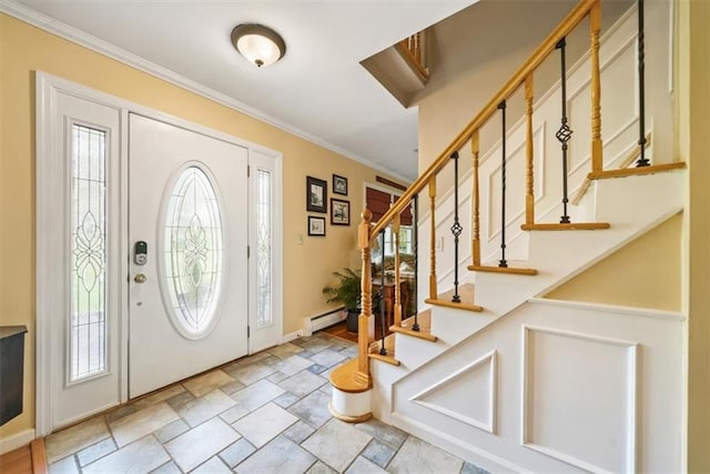 1 Cindy Ln, Highland Mills, NY 10930 - foyer entrance with plenty of natural light, light stone finish flooring, crown molding, stairway, and baseboard heating
