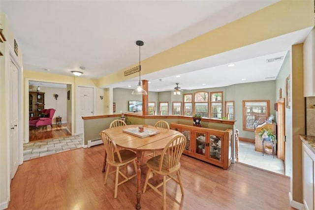 1 Cindy Ln, Highland Mills, NY 10930 - dining space with a baseboard radiator, light wood finished floors, ceiling fan, and recessed lighting