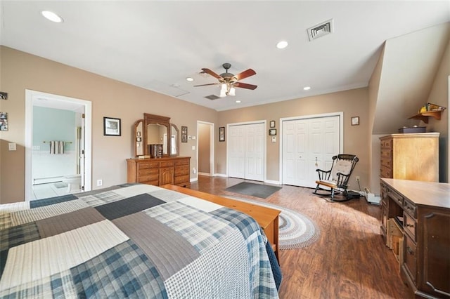 1 Cindy Ln, Highland Mills, NY 10930 - bedroom featuring multiple closets, wood finished floors, recessed lighting, a ceiling fan, and ensuite bathroom