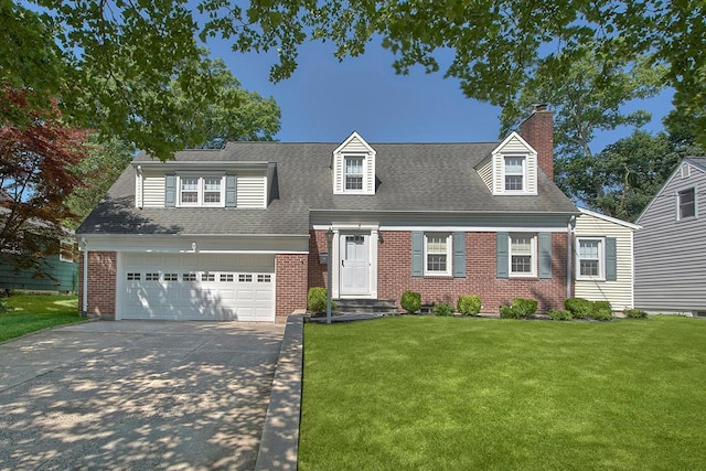 19 Cloverdale Ave, White Plains, NY 10603 - new england style home featuring brick siding, a front yard, driveway, a chimney, and a shingled roof