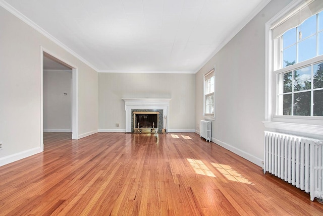 19 Cloverdale Ave, White Plains, NY 10603 - unfurnished living room featuring radiator, light wood-style floors, a high end fireplace, and crown molding