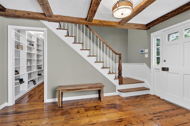 353 Split Rock Rd, Syosset, NY 11791 - entrance foyer with hardwood / wood-style flooring, stairway, and beamed ceiling