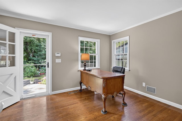 353 Split Rock Rd, Syosset, NY 11791 - office area featuring dark wood finished floors and crown molding