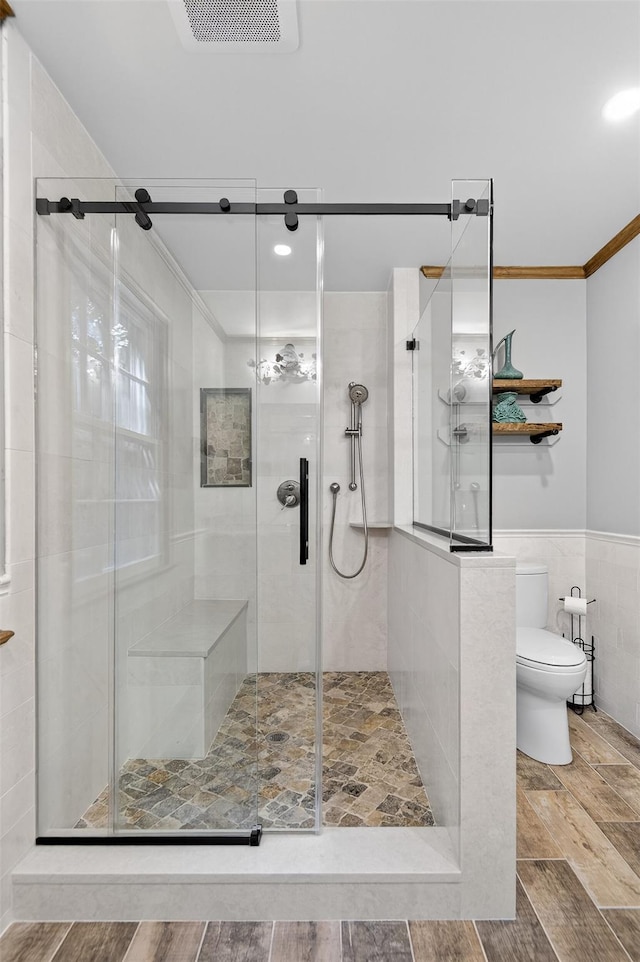 353 Split Rock Rd, Syosset, NY 11791 - bathroom with ornamental molding, a shower stall, wainscoting, and recessed lighting