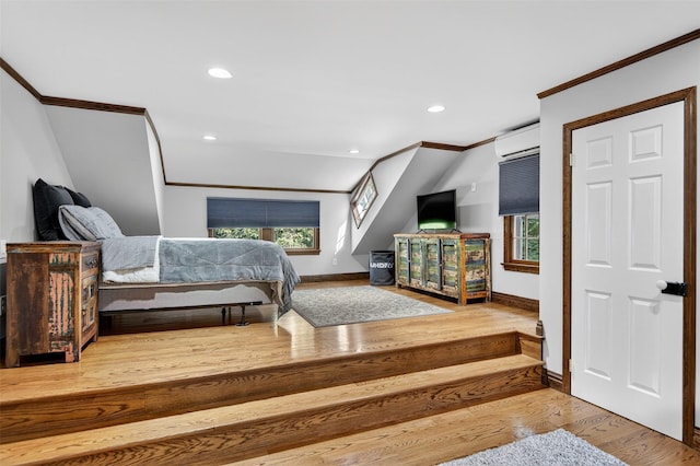 353 Split Rock Rd, Syosset, NY 11791 - bedroom with a wall mounted AC, ornamental molding, multiple windows, wood finished floors, and recessed lighting
