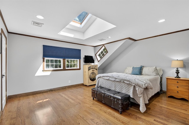 353 Split Rock Rd, Syosset, NY 11791 - bedroom featuring a skylight, ornamental molding, wood finished floors, and recessed lighting