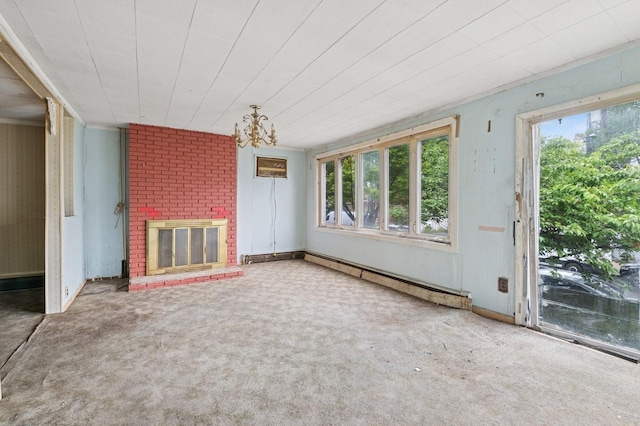 106 Montgomery Ave, Staten Island, NY 10301 - unfurnished living room with carpet floors, a brick fireplace, and a baseboard radiator