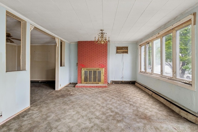 106 Montgomery Ave, Staten Island, NY 10301 - unfurnished living room with carpet floors, a chandelier, a brick fireplace, and baseboard heating