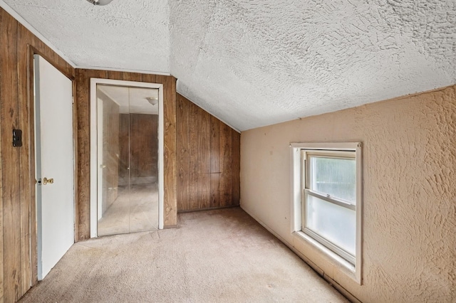 106 Montgomery Ave, Staten Island, NY 10301 - bonus room featuring vaulted ceiling, light colored carpet, wood walls, and a textured ceiling