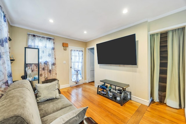 331 44th St, Lindenhurst, NY 11757 - living area with light wood-style floors, crown molding, and recessed lighting