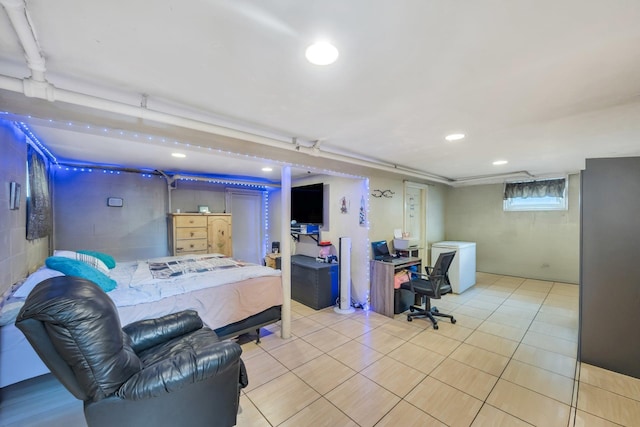 331 44th St, Lindenhurst, NY 11757 - bedroom with recessed lighting, tile patterned flooring, and refrigerator