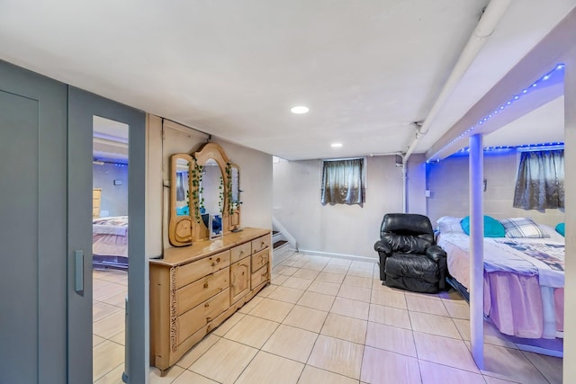 331 44th St, Lindenhurst, NY 11757 - living area featuring light tile patterned flooring, recessed lighting, and stairway